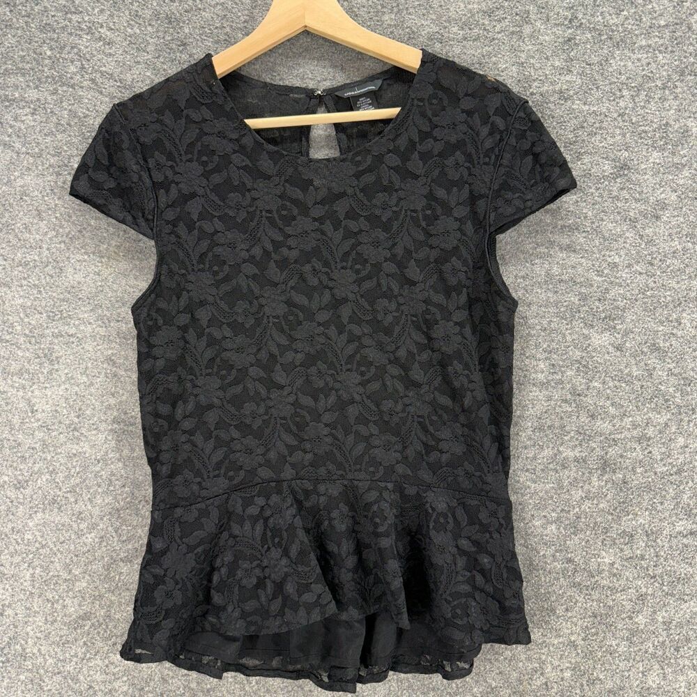 Moda International Blouse Women L Large Black Floral Short Sleeve Lined Hook&Eye